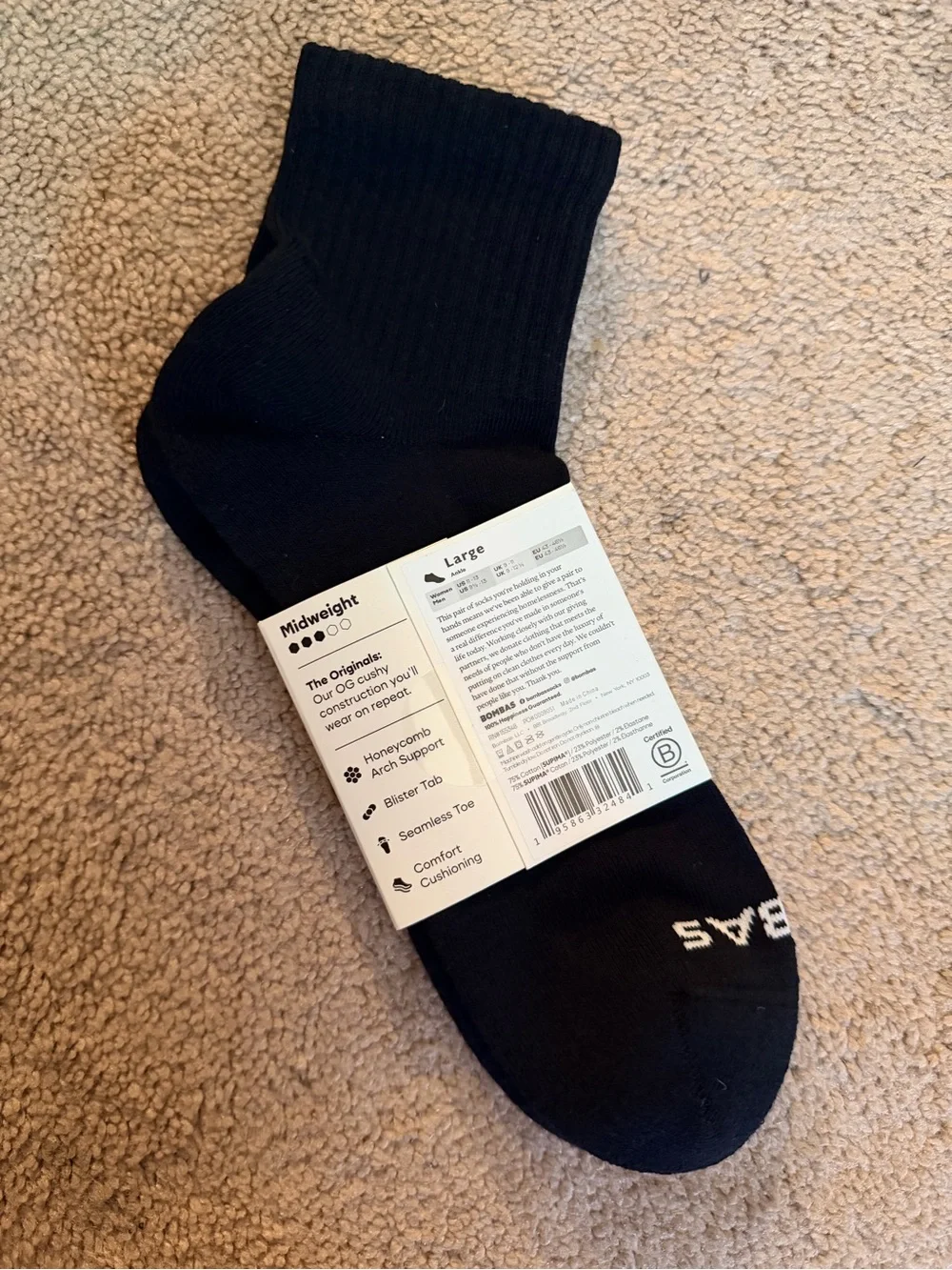 NWT Bombas The Originals Men's Black Quarter Socks Size Large